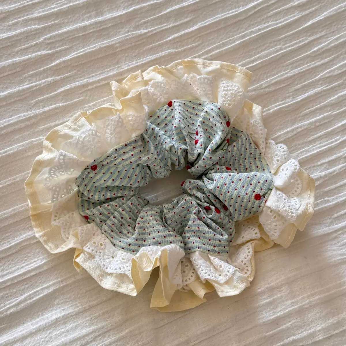 Spring Lace Hair Scrunchies Sweet Cherry Print Hair Ties For Women Forest Style Polka Dot Cotton Head Bands Ponytail Accessories H260324