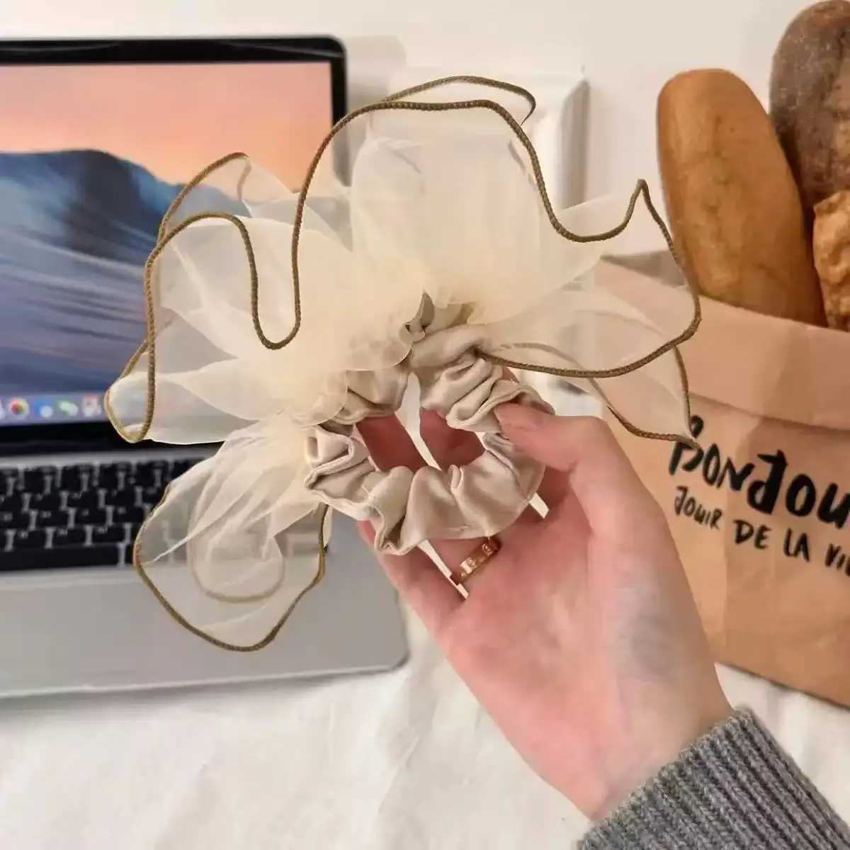 1pc organza fashion skirt shape large intestine hair tie new mesh pleated head flower hair rope tie head band hair ornament H260324