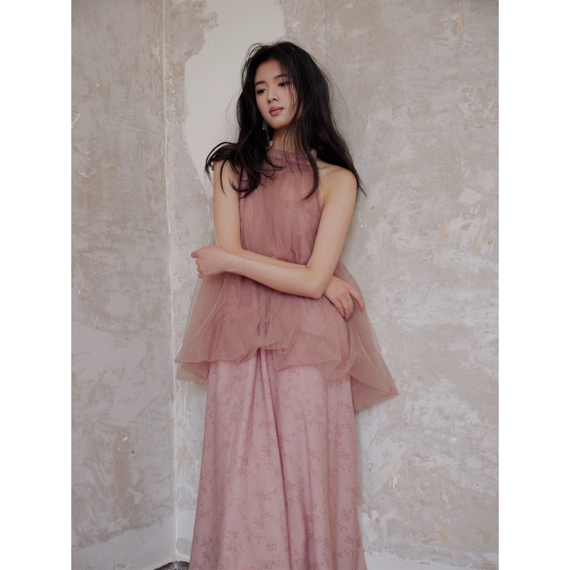 Light Designer Dress Raspberry Pink Jacquard Mesh Halter Neck Fake Two-piece Dress High-end Feel Morning Robe Sleeveless Dress