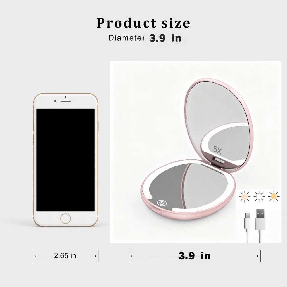 Travel makeup mirror with LED light 5x magnifying mirror cute mini makeup mirror double-sided 3-color light bag portable H260324