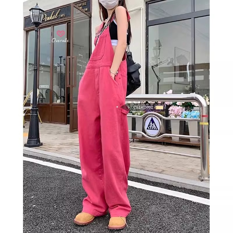 Versatile Designer Pants Age-reducing Pink Straight-leg Suspender Jeans For Women New Wide-leg Suspender Pants Loose Slimming Jumpsuit