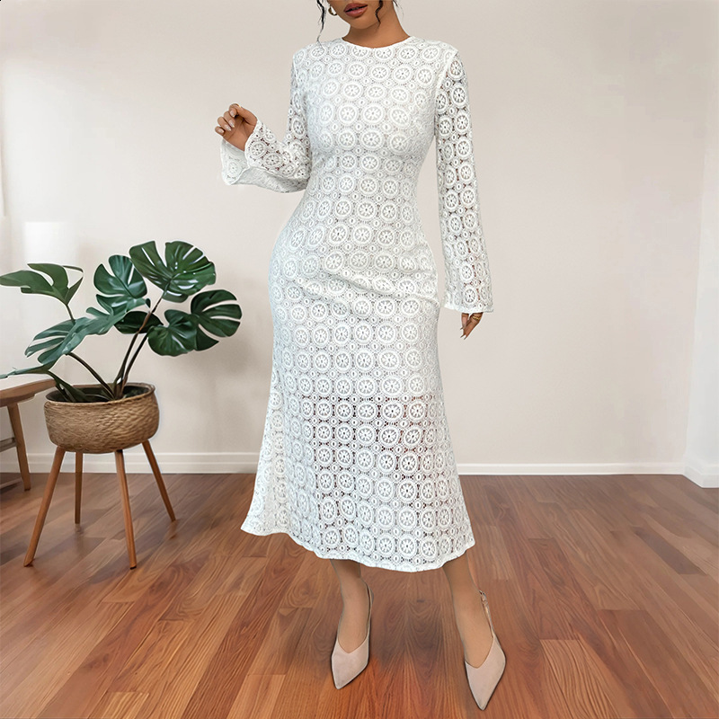 Hollow Out Fringe Beach Long Dresses Holiday Chic Floral Lace Long Sleeve Crew Neck Slim-Fit Crochet Summer Women Tassel Dress 250303