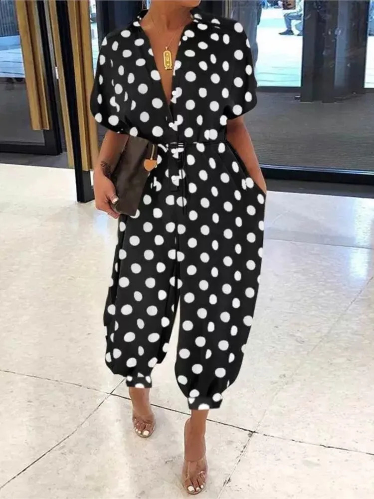 Summer Dot Leopard Print Jumpsuit Women Short Sleeve Leace-up Pocket Casual Jumpsuits Fashion Vintage Ladies Bodysuits 260321