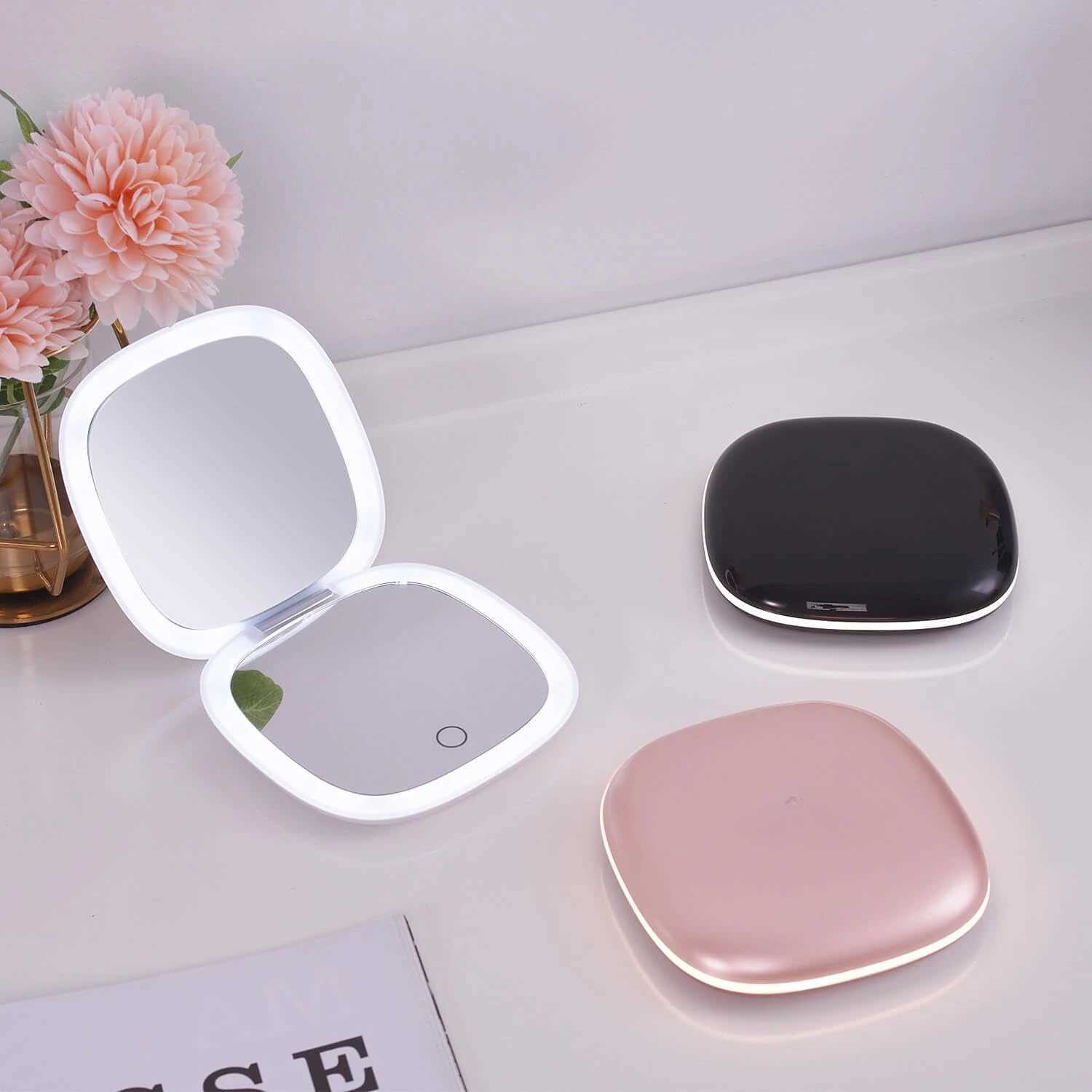 Compact LED Magnifying Travel Makeup Mirror 1X/10X Small Hand Pocket Dimmable 2-Sided USB Rechargeable Touch Screen Portable H260324