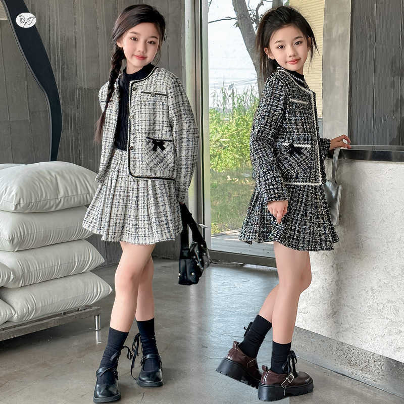 Little girl Xiaoxiangfeng outfit - 2026 spring new trendy checkered coat and pleated skirt set - large-sized princess versionT251105