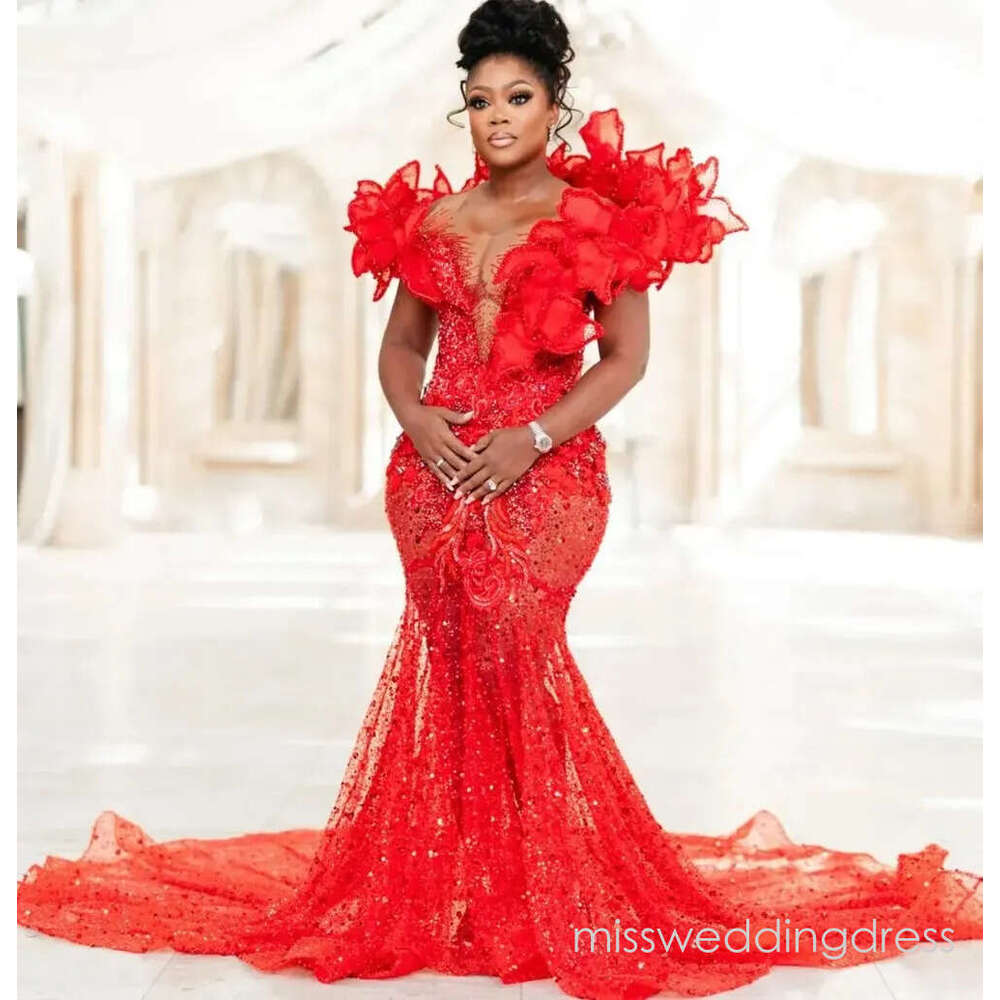 2026 Aso Ebi Red Mermaid Prom Dress Lacefull Beaded Crystals See Through Evening Formal Party Second Reception Birthday Engagement Gowns Dresses Robe 