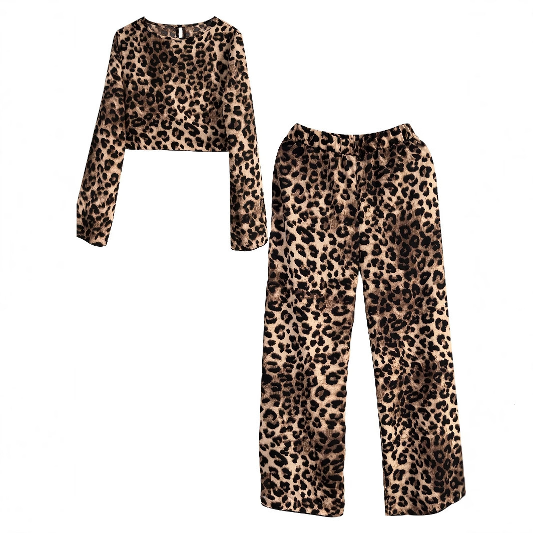 Missoo Autumn Leopard Feather Set Round Neck Long Sleeve Top High Waist Straight Pants Elegant Pants Set 241203