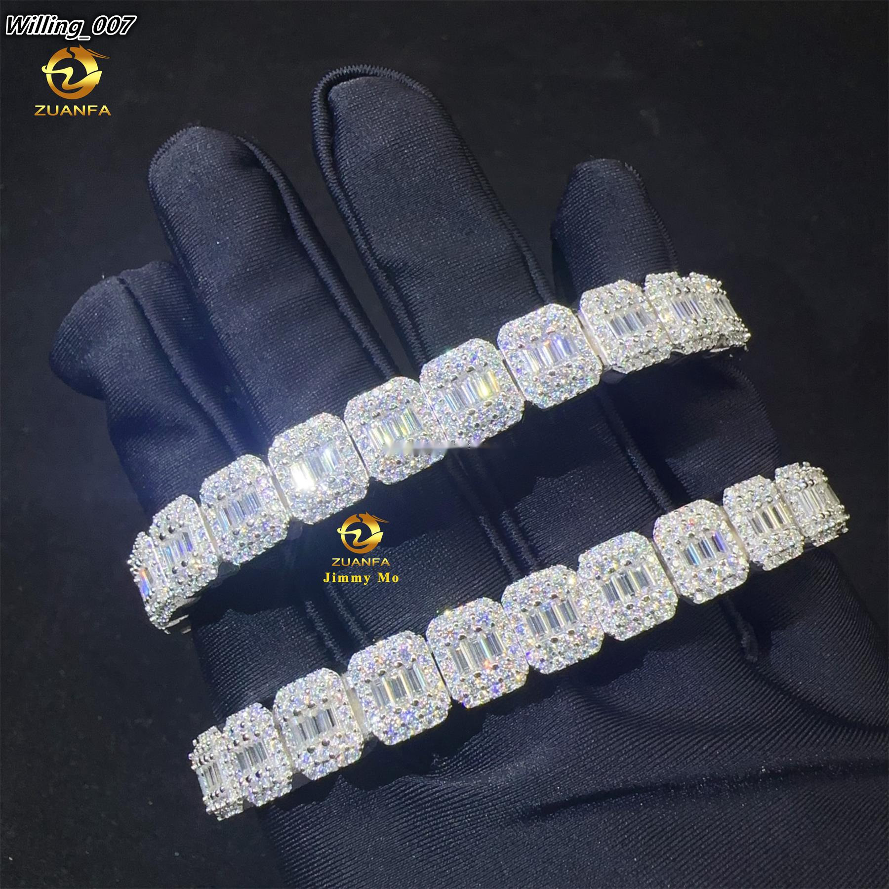 Hot Selling Fashion 9MM Luxury 925 Sterling Silver Iced Out Hip Hop Jewelry Moissanite Baguette Cluster Tennis Chain Bracelet