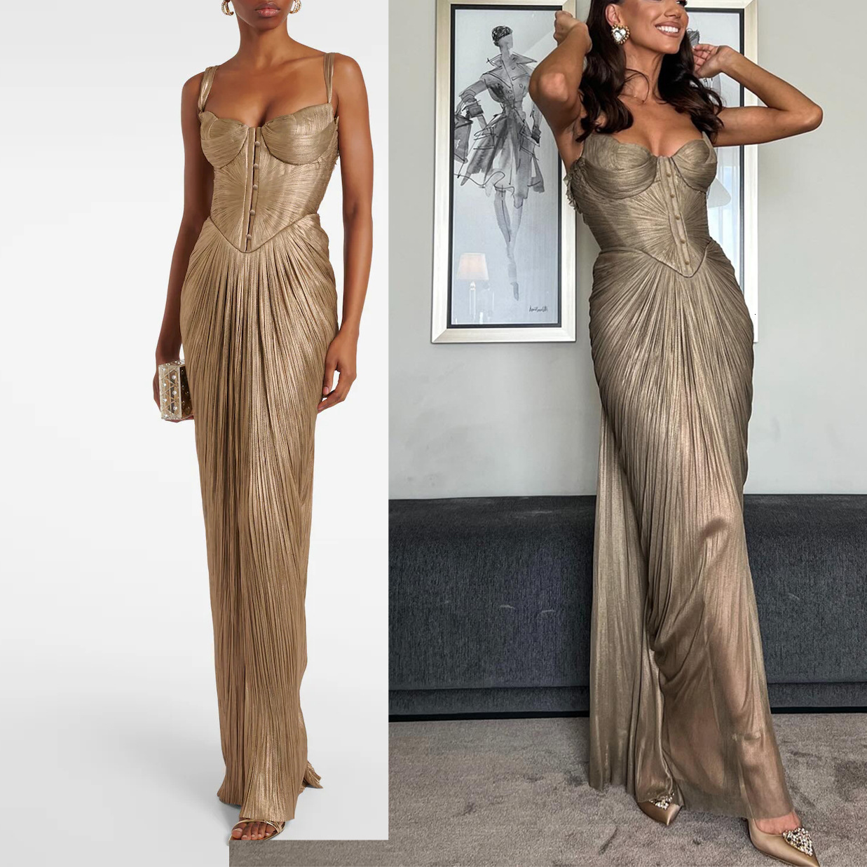 European And American Designer Dress New Style Pleated Gold-embossed Tie-waist Dress INS Casual Party Slit Women's Gown