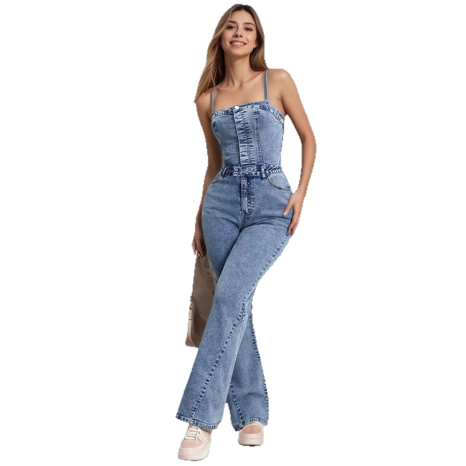 Summer Womens Denim Sleeveless Jumpsuit Decoration Stretch Slimming Waist Romper Streetwear Trendy Outfit 250523
