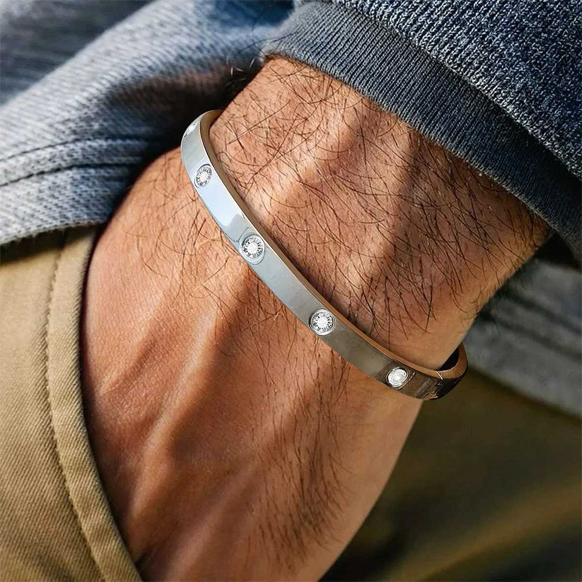 Stylish Mens Bangle Waterproof StainlESS Steel AAA Cubic Zirconia Stone Oval BangleAnniversary BirtHDay Gift for Him H260323 - view 3