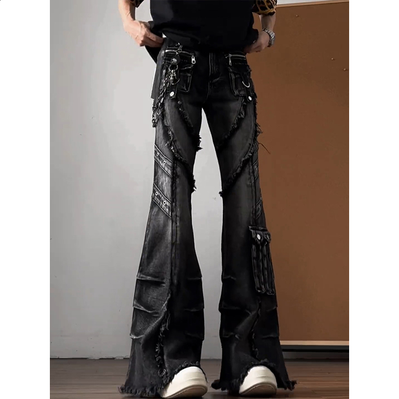 American-style vibe multi-pocket jeans for men high street vintage cool slightly flared trousers trendy 251224