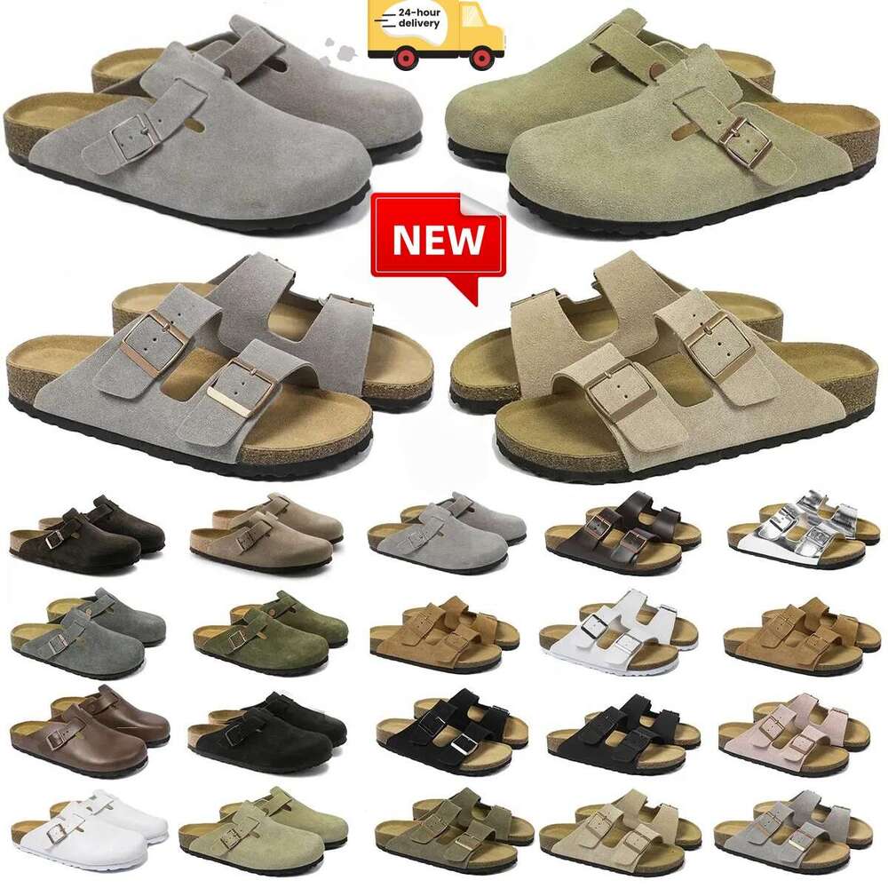 New retro Boston style clog sandals for men and women, soft suede with adjustable buckle cork foot pads, non slip sole, casual daily outdoor beach slippers