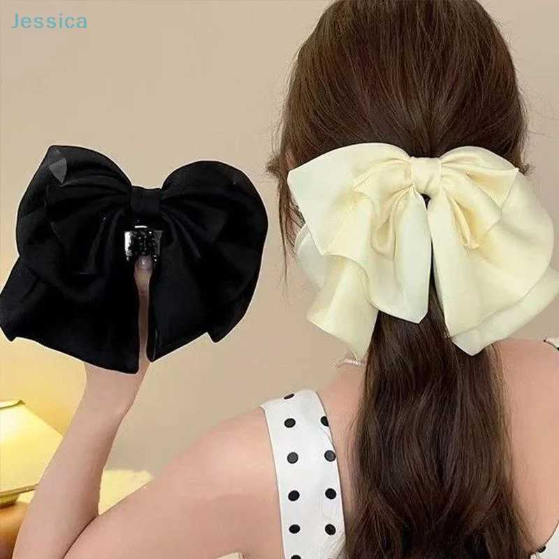 French Satin Large Bow Hair Clip Sweet Womens Shark Clip For Ponytails H260324