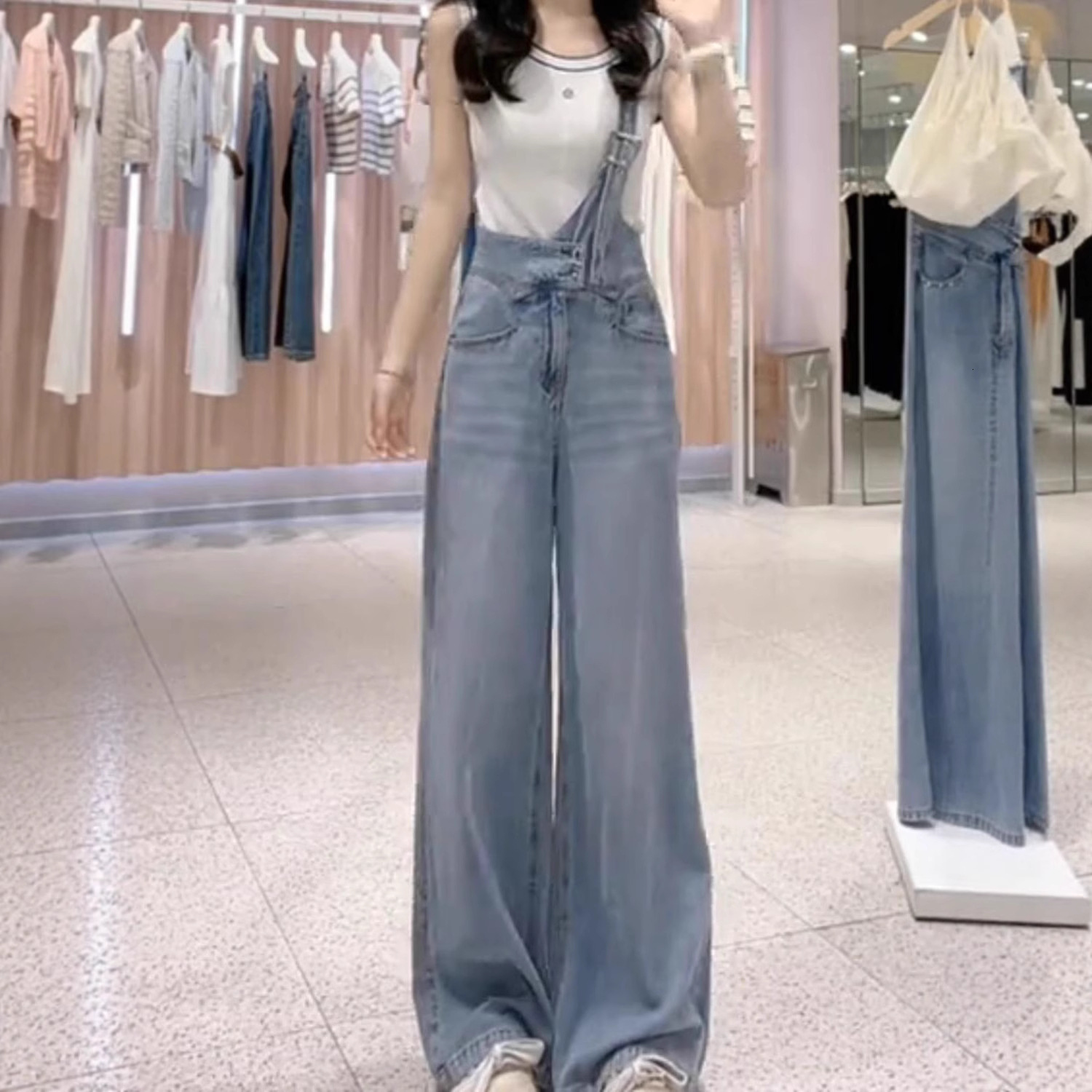 Designer Pants High-waisted Slimming Denim Overalls For Women Autumn Hot Style Loose Fit Height-enhancing Figure-flattering Straight-leg