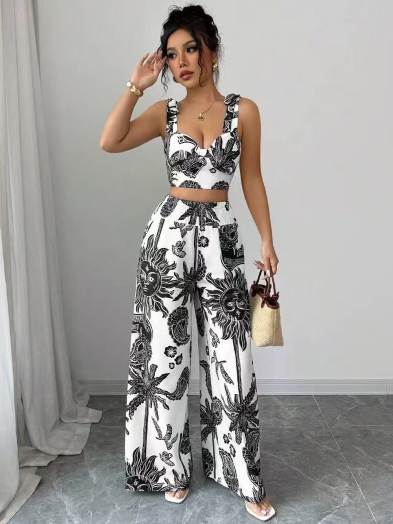 Luxury Brand Designer Clothes 2025 European And American Women's Summer New Sexy V-Neck Camisole Top + Loose Waistband Wide-Leg Pants