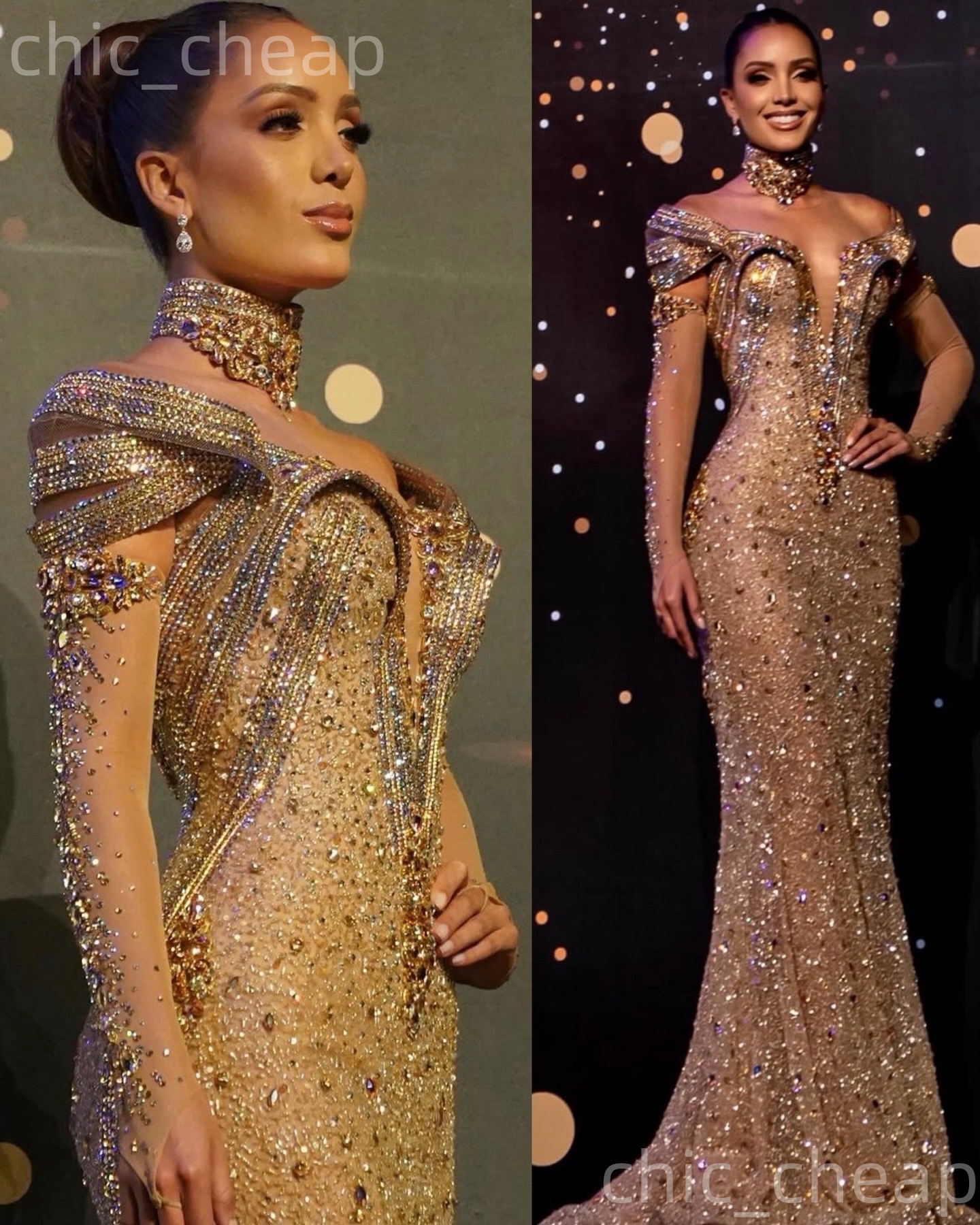 2k26 Gold Prom Dress 2026 Mermaid Glitter Dresses Illusion Crystals High Neck Evening Dress Birthday Formal Women Pageant Dinner Party Gowns ZJ089