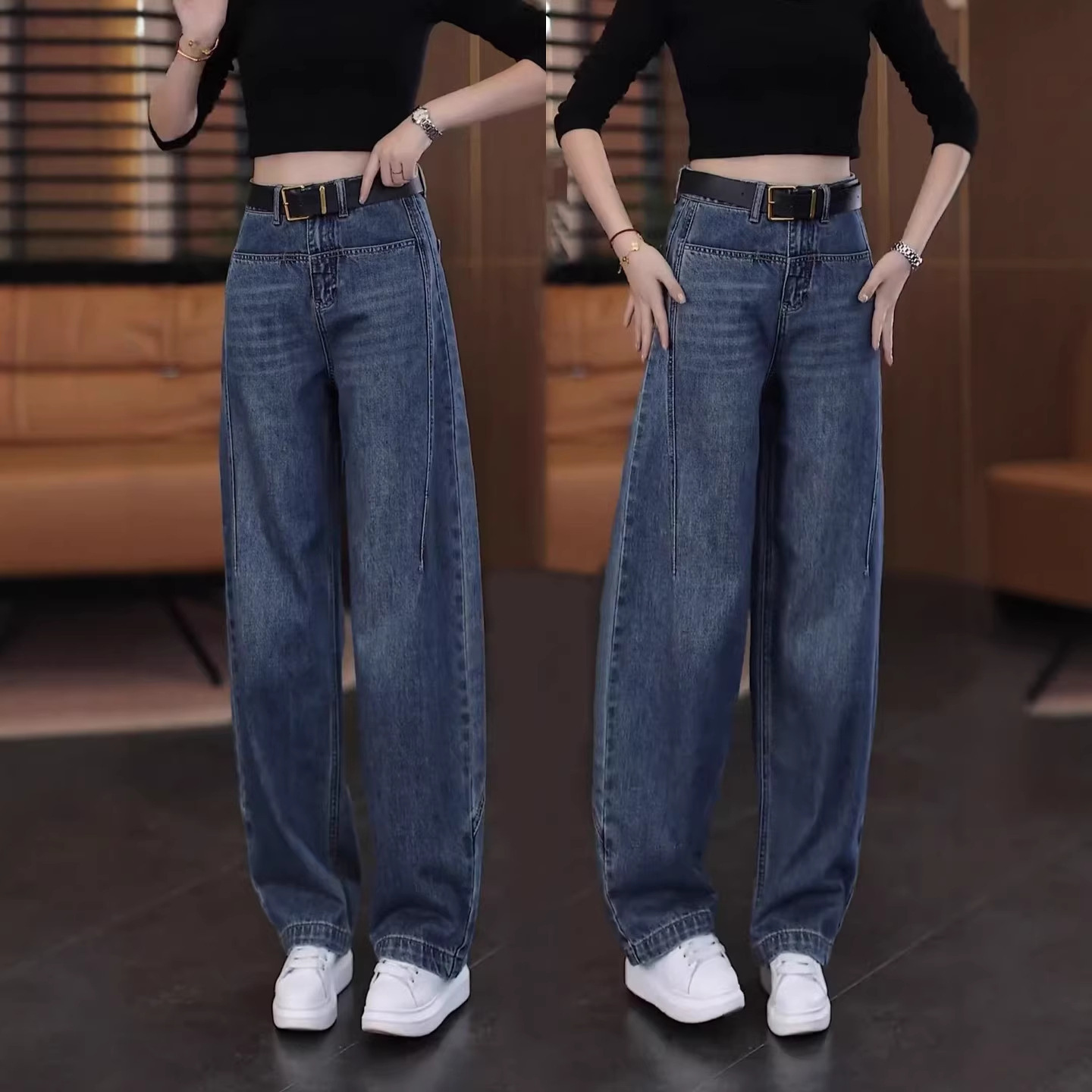 Retro Blue Narrow Wide-leg Pants Women's 2026 Autumn New High-waisted Designer Pants Loose Slimming Scythe Jeans