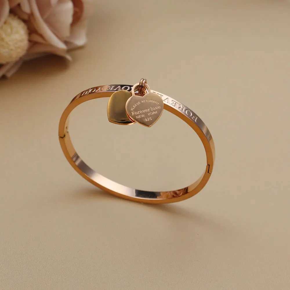 XB999 Hot Classic Stainless Steel Gold Color Bangles Jewelry Fine Double Peach Heart Female H260323 - view 7
