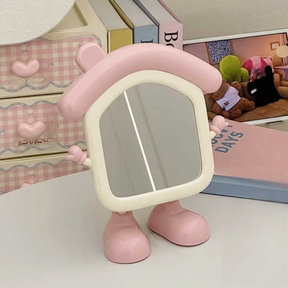Portable Cute Makeup Mirror High-definition Storage Desktop Decorative Mirrors Creative Adjustable Angle Cartoon House Mirror H260324