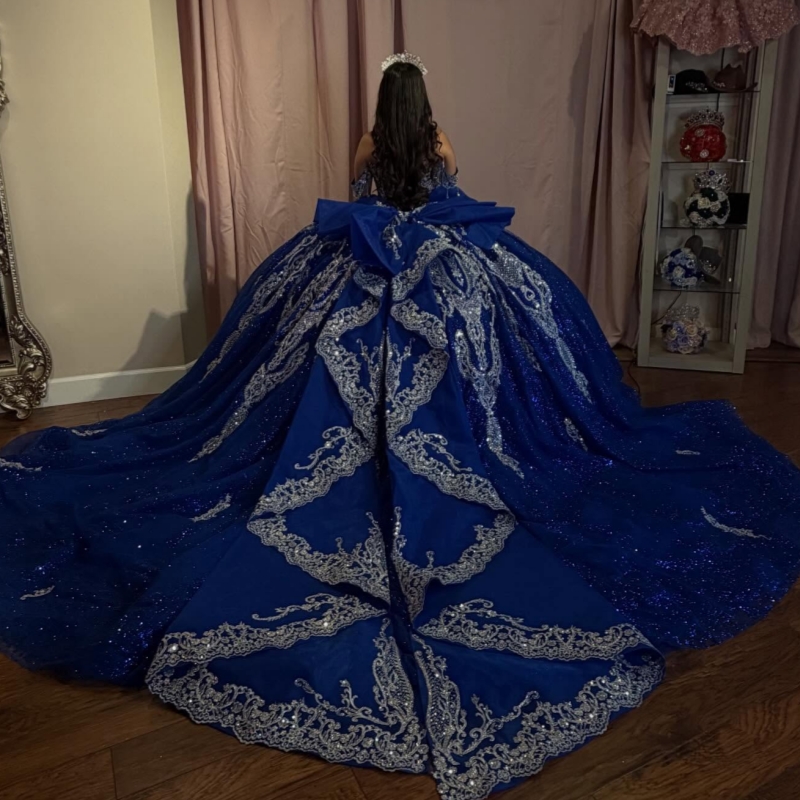 Royal Blue Ball Gown Quinceanera Dresses Applique Lace Beading Crystal Bow Tull Corset Off Shoulder Sweet 16 Dress Vestidos 15 De Anos