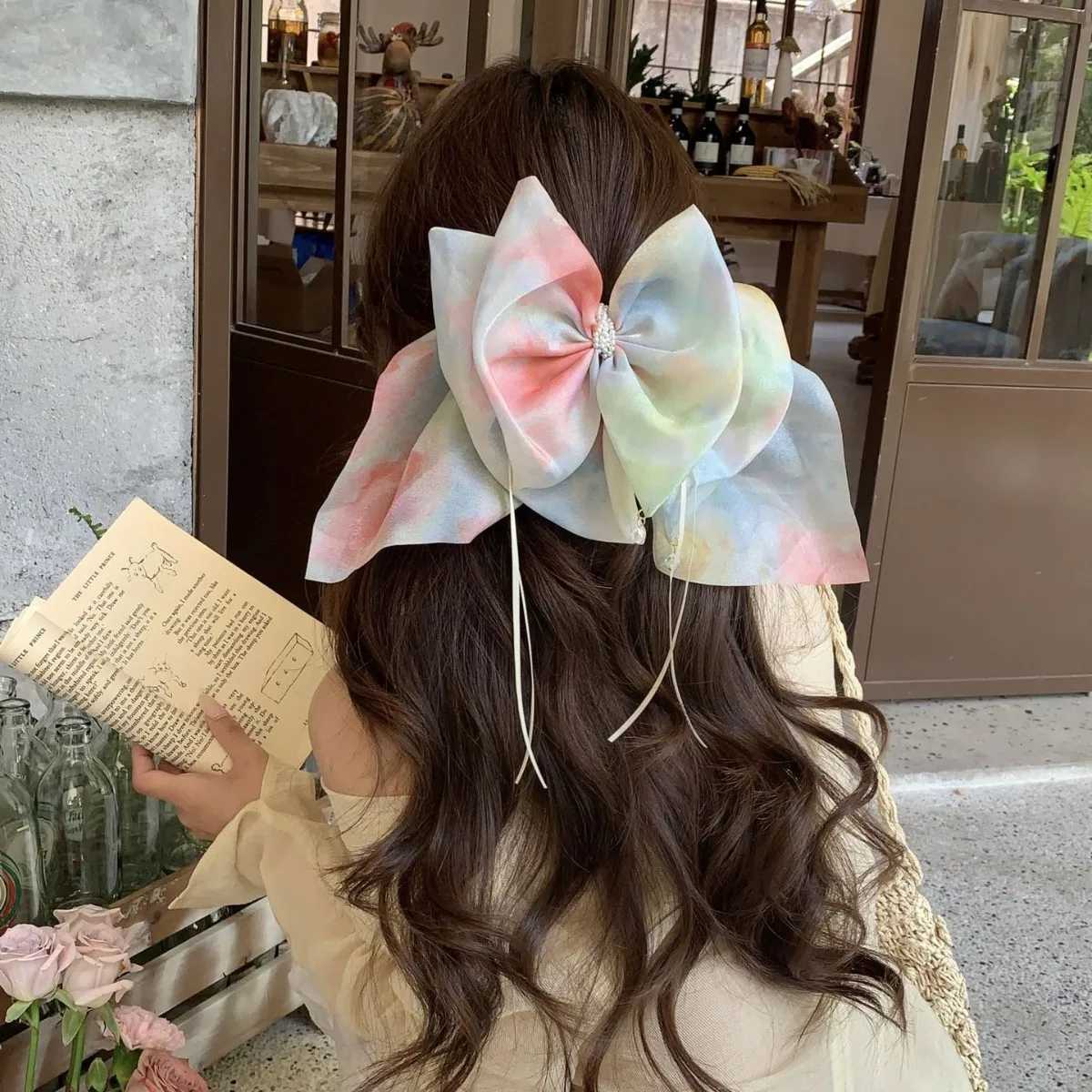 Girls Scrunchies Korean Version Rainbow Pearl Large Hair Band Sweet Style Hair Tie Pleated Twisted Hair Band Bow Cute Hair Clip H260324