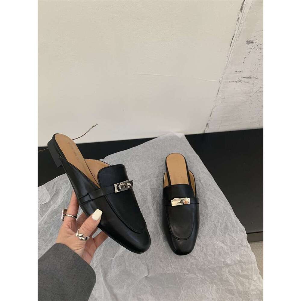 Women Summer Open Toe Mules For Outdoor Wear New Model With Horsebit Buckle Flat Shoes Genuine Leather Popular Slip On Sandals