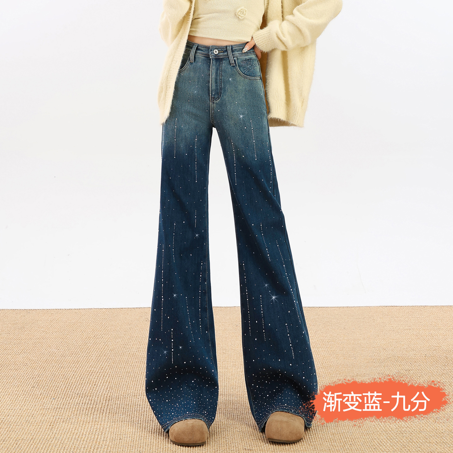 Gradient Color Rhinestone Wide-leg Fleece-lined Jeans For Women Winter 2026 New High-waisted Loose Trendy Meteor Designer Pants Straight-leg Pants