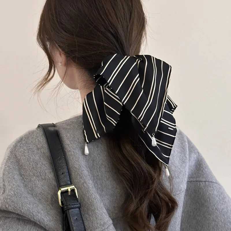 Fabric Striped Square Kerchief Scrunchies for Women Water Drop Imitation Pearl Pendant Ponytail Holders Personality Hair Bands H260324