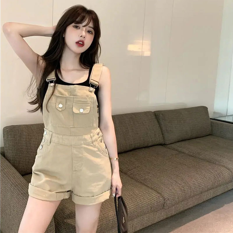 Khaki Jeans Women's Workwear Fashion High Waist Designer Pants Casual Rolled Hem Overalls Loose Age-reducing Strap Jumpsuit Shorts