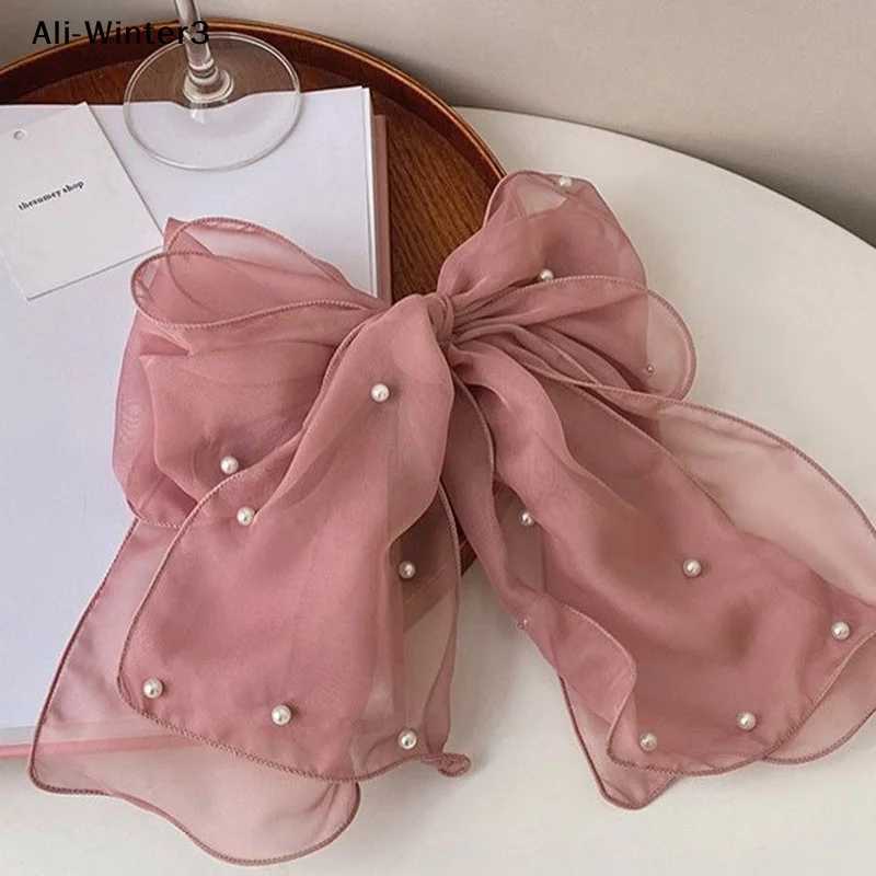 Fashion Ribbon Pearl Bow Hair Clips For Women Elegant Chiffon Bowknot Ponytail Clip Pin Bows Barrette Sweet Headwear Accessories H260324