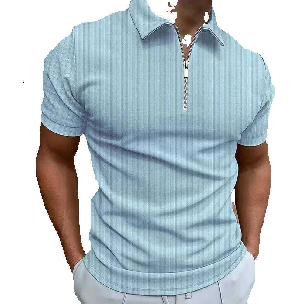 Men Striped Golf With Quarter Zipper Lapel Casual Holiday Short Sleeved T-Shirt Fashionable Basic Style Regular Fit Shirt
