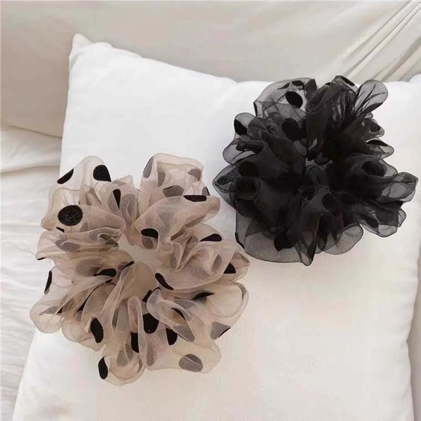 1PCPolka Dot Organza Hair Scrunchies Black Beige Hair Ties Cute Hair Accessories Perfect for Adding a Feminine Touch H260324