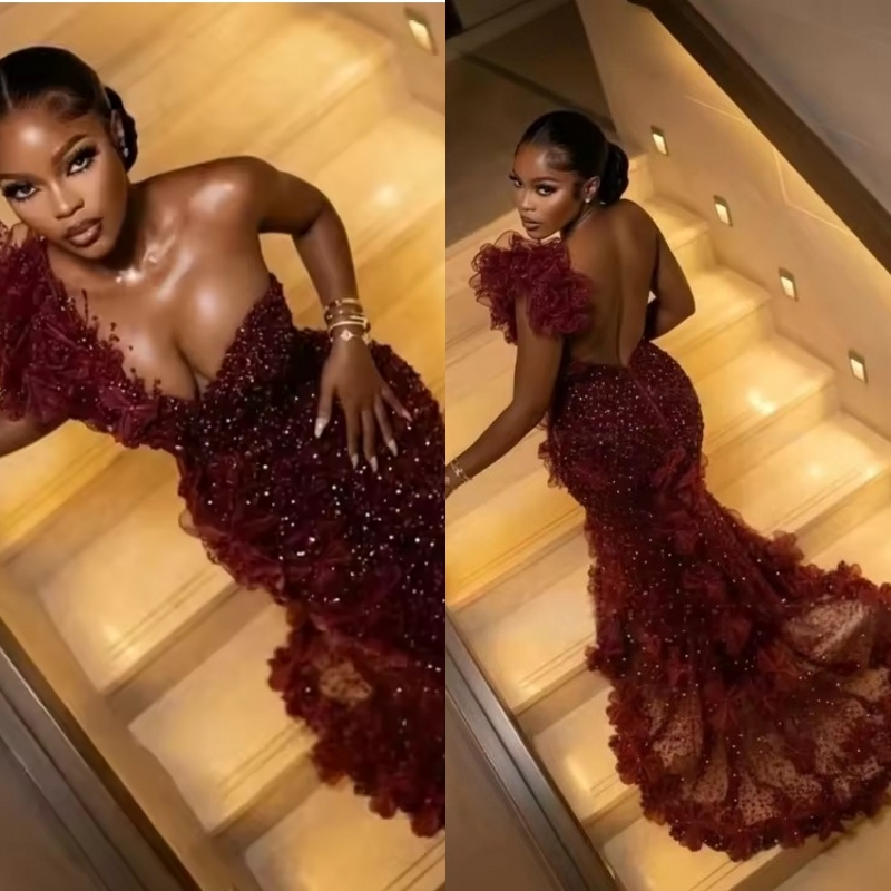 Elegant Burgundy Prom Dresses For Black Girls 2026 Luxury One Shoulder Mermaid Sequins Beads Formal Evening Gala Dress Customized 0204