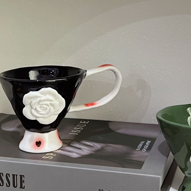 Mug Embossed Rose Creative Ceramic Niche Design Coffee Goblet For Couple Breakfast Drinking