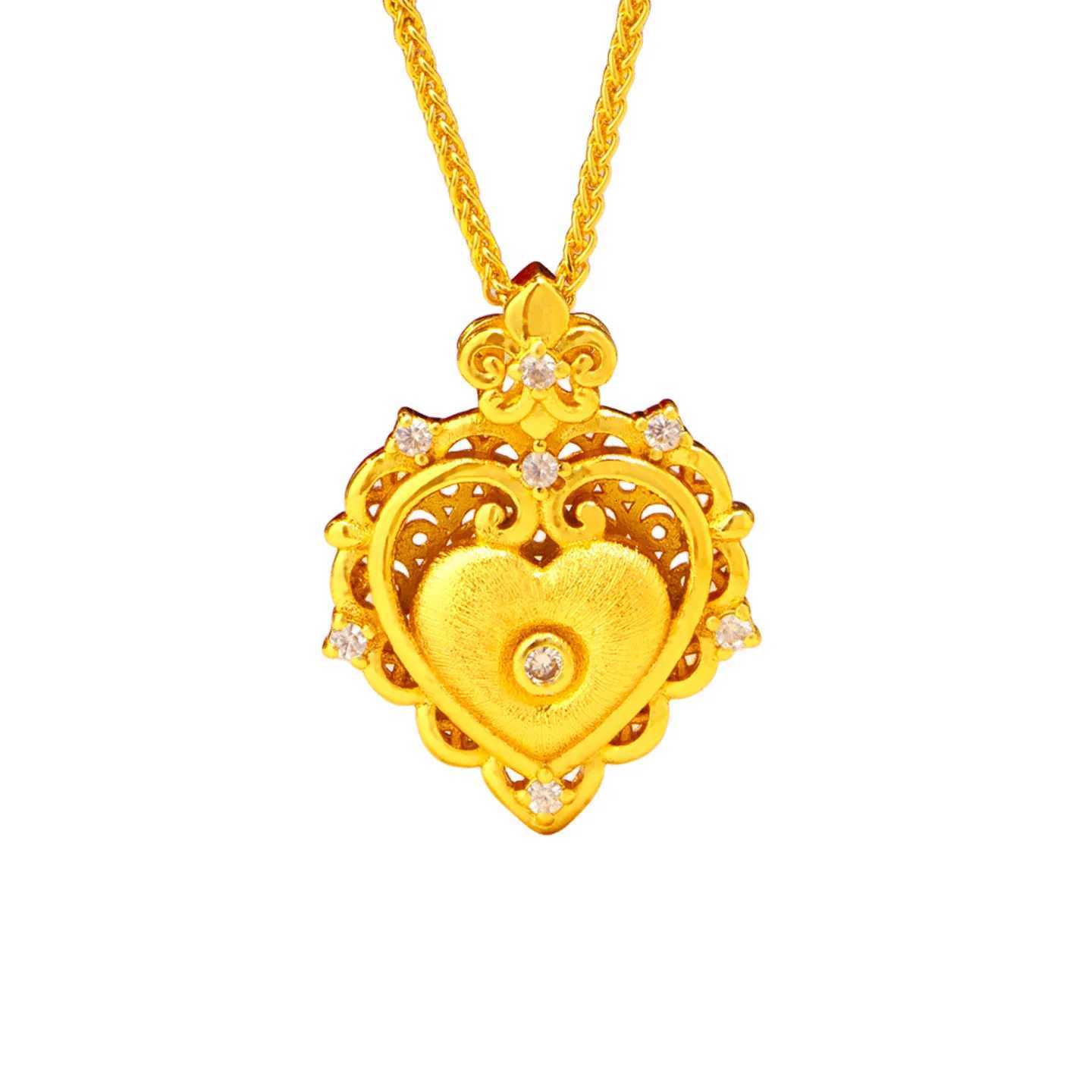 Luxury 24K 9999 Pure Gold real gold Womens wiredrawing drill heart-shaped pendant versatile hollow clavicle chain H260324 - view 6