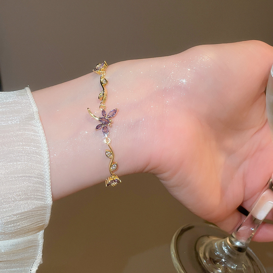 Elegant Light Luxury 18K Real Gold Plated Floral Bracelet with Sparkling Zircons for Women - view 7
