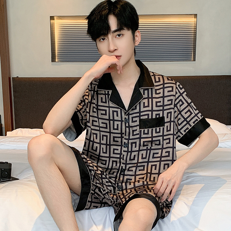 Homewear Set High End Sleepwear Ice Silk Summer Thin Short Sleeve Cool Satin Elegant Large Size For Men
