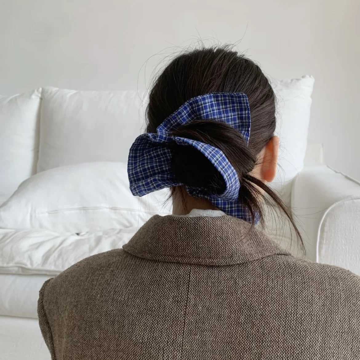 Preppy - Style Blue Plaid Hair Scrunchie Large Bow - Shaped Hair Tie Cute And Retro Hair Accessory For Women H260324