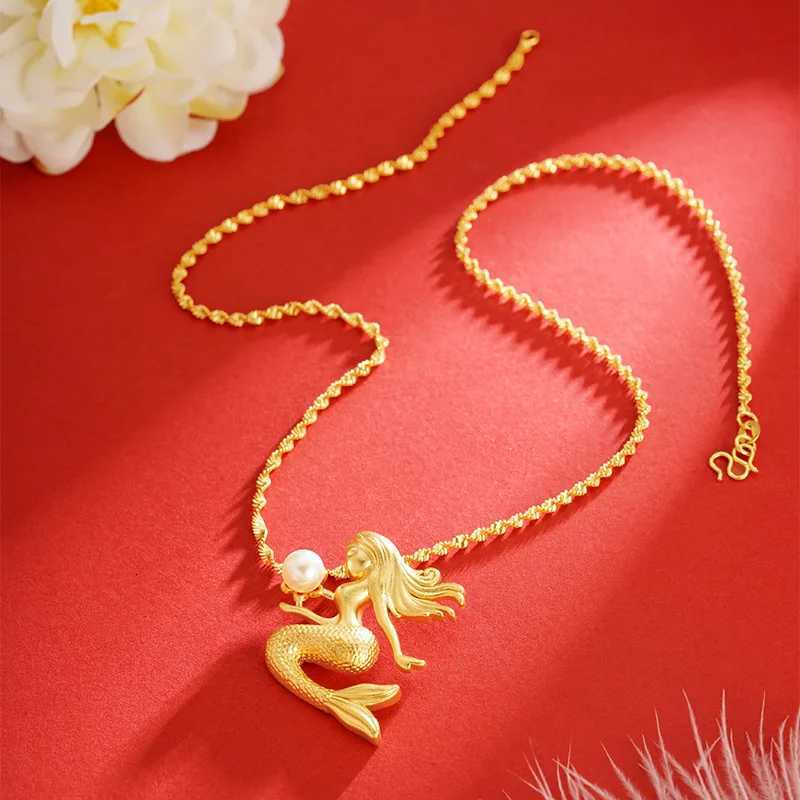 Luxury 24K 9999 Pure Gold real gold Womens Mermaid Pendant All-match Necklace Clavicle Chain H260324 - view 3