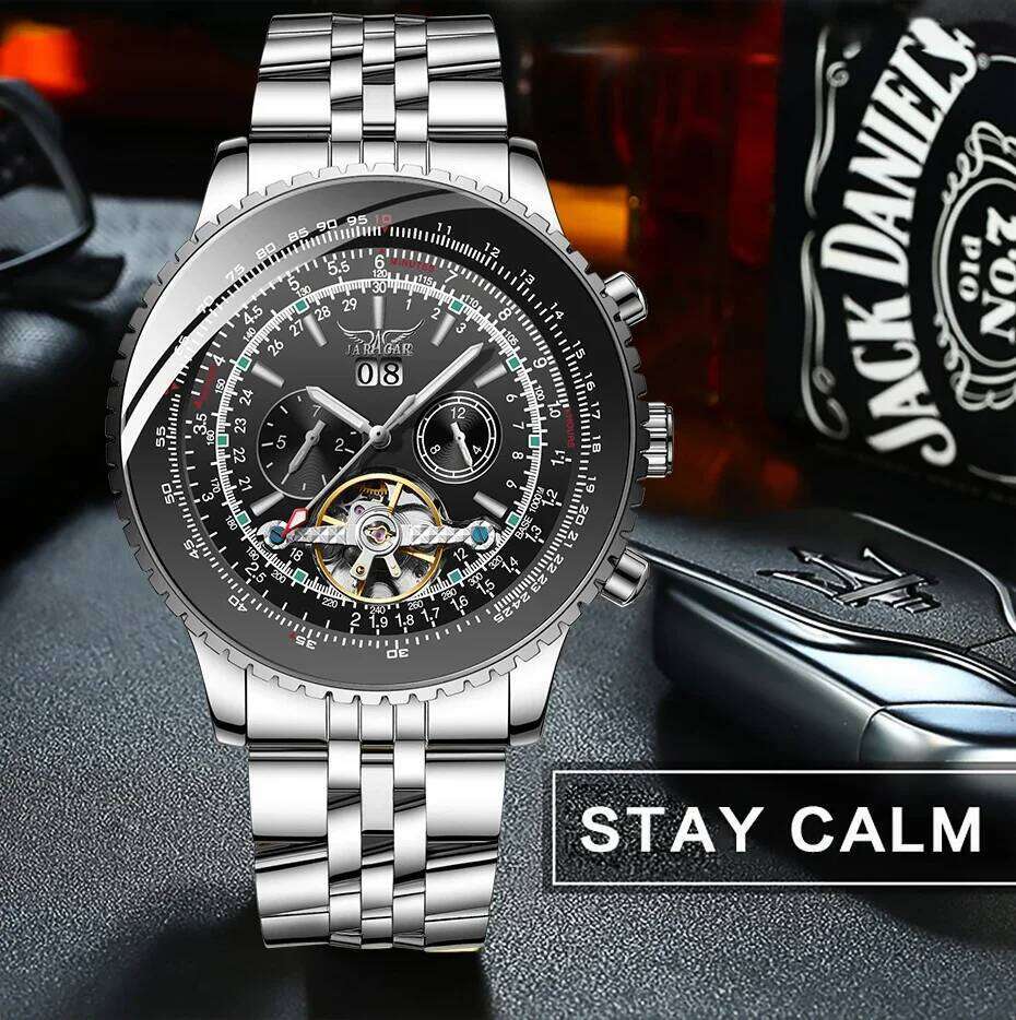 Jaragar Silver Stainless Steel Tourbillion Design Calendar Display Mens Watches Top Brand Luxury Automatic Mechanical Wristwatch