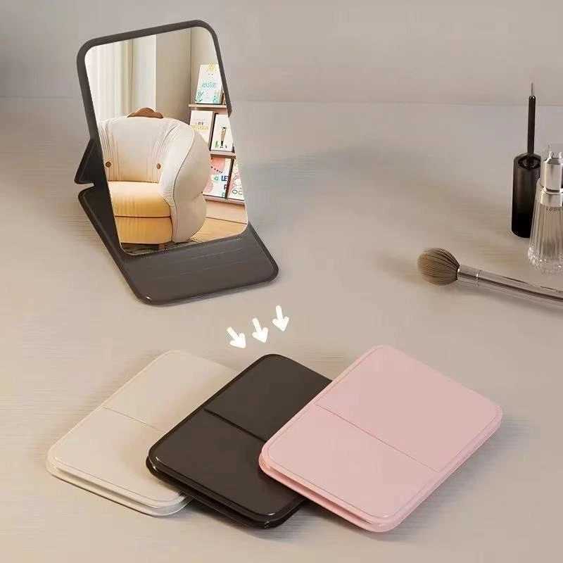 Mini Desktop Makeup Mirror Solid Color PU Leather Portable Handheld Makeup Mirrors Foldable Student Compact Cute Pocket Mirror H260324