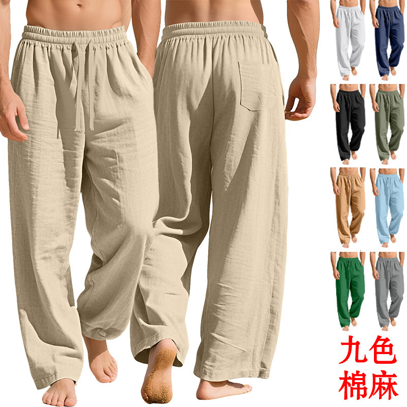 Essential Pants European And American Men's Clothing Linen Loose Casual Sports Pants With Pockets And Drawstrings Solid Color Trendy Business Pants