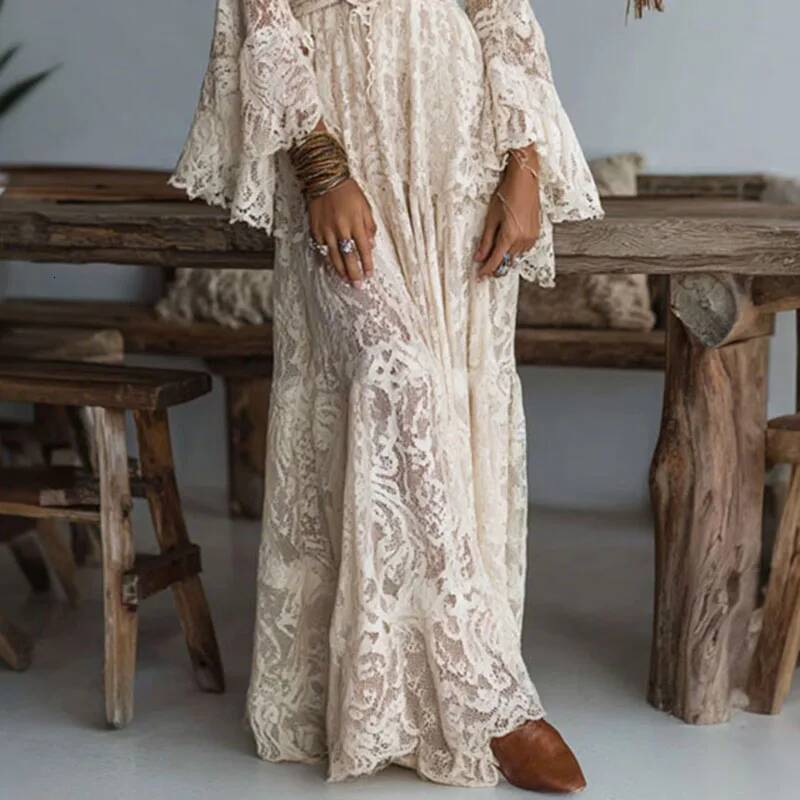 New Deep V Neck Embroidery Lace Woman Spring Hollow Out High Waist Crochet Dresses Autumn Flare Sleeve Jacquard Long Dress
