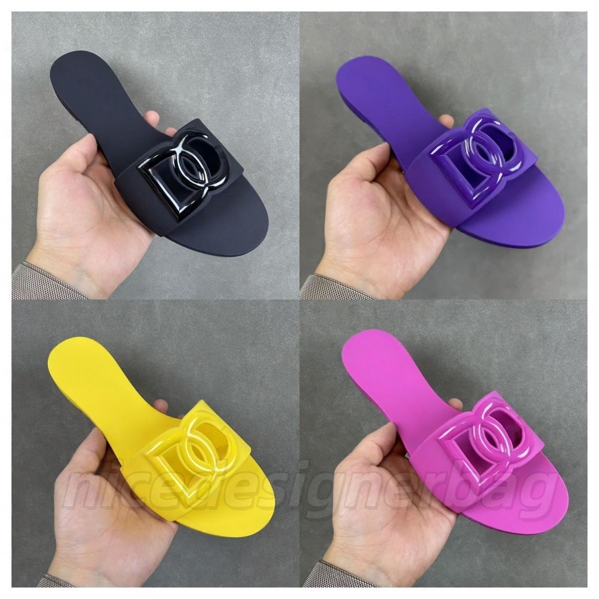 women Sandals designer slippers Interlocking Slides Rubber Slippers Ladie Flat Beach Jelly Script Blue Summer Fall Mules Outdoor Waterproof Luxury Size 36-42