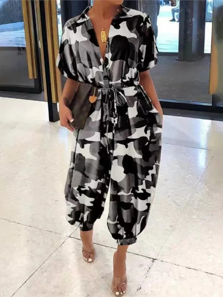 Summer Dot Leopard Print Jumpsuit Women Short Sleeve Leace-up Pocket Casual Jumpsuits Fashion Vintage Ladies Bodysuits 260321