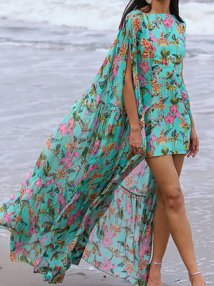 Spring Summer Women's Chic Maxi Short Batwing Sleeve Patchwork O-Neck Holiday Fashion Party Dress 2026 Printing for Ladies