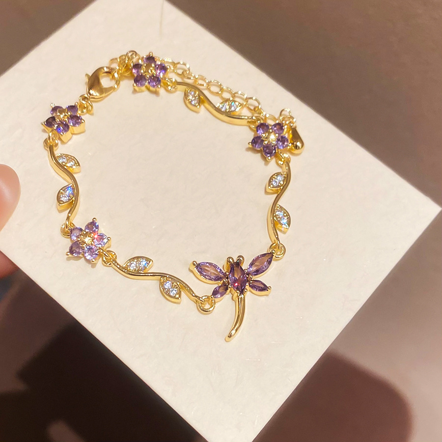 Elegant Light Luxury 18K Real Gold Plated Floral Bracelet with Sparkling Zircons for Women - view 8