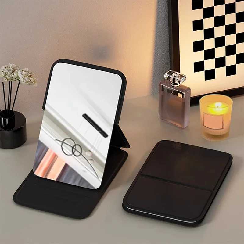 Desktop Mini Foldable Makeup Mirror Solid Color PU Leather Simple Portable Wear-resistant Student Compact Handheld Makeup Mir H260324