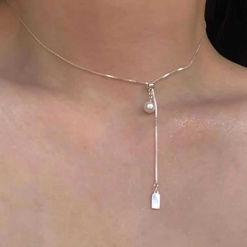 925 Sterling Silver Pearl Long Necklace Simple Charm Geometric Shape Pendant Choker Birthday Gift for Friends Exquisite Jewelry H260324 - view 5